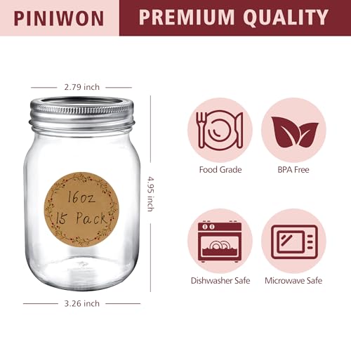 PINIWON Mason Jars 16 oz with Lids and Bands, 15 Pack Pint Canning Jars