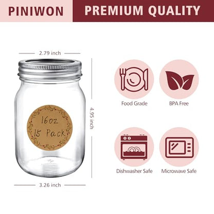 PINIWON Mason Jars 16 oz with Lids and Bands, 15 Pack Pint Canning Jars