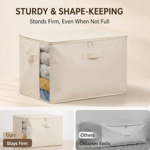 6Pack Canvas Storage Bags for Clothes & Comforters with Clear Window, Beige | 70L Large Capacity, Cotton Linen Fabric, Reinforced Handles, Foldable Design for King Comforters, Clothes and Blanket Storage