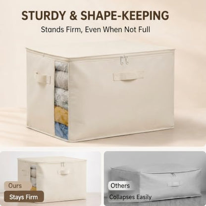 6Pack Canvas Storage Bags for Clothes & Comforters with Clear Window, Beige | 70L Large Capacity, Cotton Linen Fabric, Reinforced Handles, Foldable Design for King Comforters, Clothes and Blanket Storage