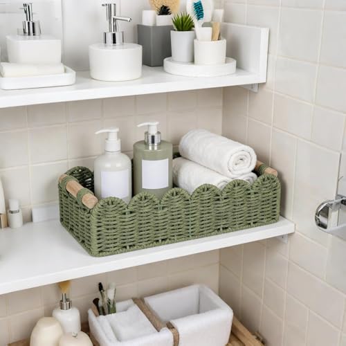 CubesLand Scalloped Toilet Paper Storage Basket W/Handle for Home Decor | Paper Rope Toilet Organizer Basket for Countertop, Over Toilet Shelf, End Table, Living Room Cozy Decorative & More, Green