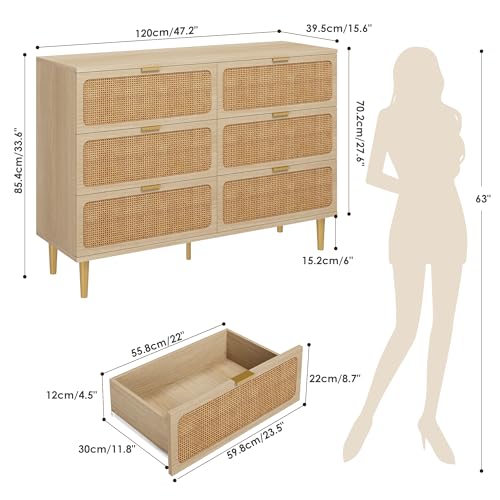 GarveeHome Rattan 6 Drawer Dressers for Bedroom, Deep Drawer, Natural | Tall Dresser, Wide Top, for Living Room, Hallway, Kids Room, Large Chest of Drawers for Closet, Long Wooden Dresser
