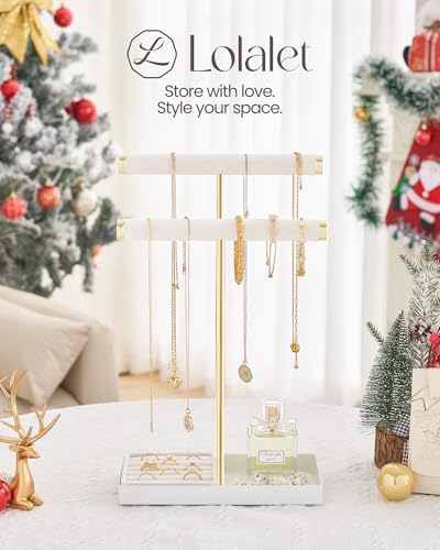 Lolalet 2-Tier Necklace Holder Display, Jewelry Stand with Ring Tray -White | Velvet Wrapped Jewelry Organizer, Tall Bracelet Stand for Bangles Watches Earrings, Gifts for Mom Girls Women Mother's Day