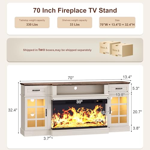 70" Fireplace TV Stand, 3-Sided Glass Fireplace and Modern Entertainment Center, Wooden Media Console with Glass Doors & Storage Drawers, LED Light, for Living Room, Antique White