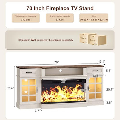 70" Fireplace TV Stand, 3-Sided Glass Fireplace and Modern Entertainment Center, Wooden Media Console with Glass Doors & Storage Drawers, LED Light, for Living Room, Antique White
