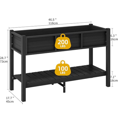 DWVO 48x18x30in Raised Garden Bed Kit, HDPE Planter Box Stand, Poly Wood Weather-Resistant Planter Box with Legs & Storage Shelf, Elevated Garden Bed for Backyard, Patio, Balcony,Black