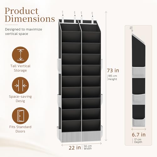 Over the Door Shoe Organizer, 20-30 Pairs Heavy-Duty Hanging Shoe Storage with Large Pockets, 10-Tier Door Shoe Rack with 4 Hooks for Sneakers Sandals Heels Boots (Black)