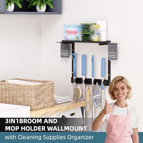 Wall Mount Broom Mop Holder, Cleaning Organizer with Storage Shelf | Wall Mount Broom & Mop Holder with Shelf. Organizes cleaning tools, space-saving, easy install for kitchen, laundry & garage.