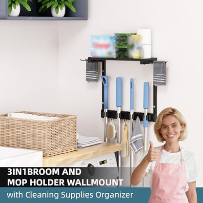 Wall Mount Broom Mop Holder, Cleaning Organizer with Storage Shelf | Wall Mount Broom & Mop Holder with Shelf. Organizes cleaning tools, space-saving, easy install for kitchen, laundry & garage.