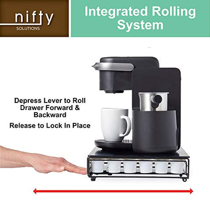 Nifty Rolling Coffee Pod Drawer – Black Finish, Compatible with K-Cups, 36 Pod Pack Holder, Compact Under Coffee Pot Storage Drawer, Slim Home Kitchen Counter Organizer
