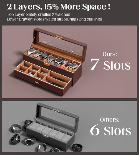 Watch Cases Box for Men 7 Slots Display Case with Jewelry Bottom | Watches Storage Organizer 2 Layer Pu Leather Collection Holder Gift for Dad Husband with Real Glass Lid Brown