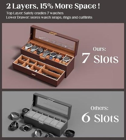 Watch Cases Box for Men 7 Slots Display Case with Jewelry Bottom | Watches Storage Organizer 2 Layer Pu Leather Collection Holder Gift for Dad Husband with Real Glass Lid Brown