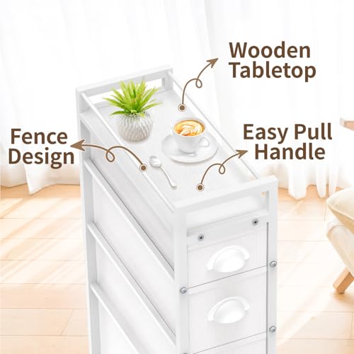 LASZOLA Narrow Cabinet Slim Storage Cart for Bathroom Small Space, White | 4 Tiers Skinny Rolling Organizer Shelf with Sturdy Fabric Drawers, Lightweight Mobile on Wheels, Between Washer and Dryer