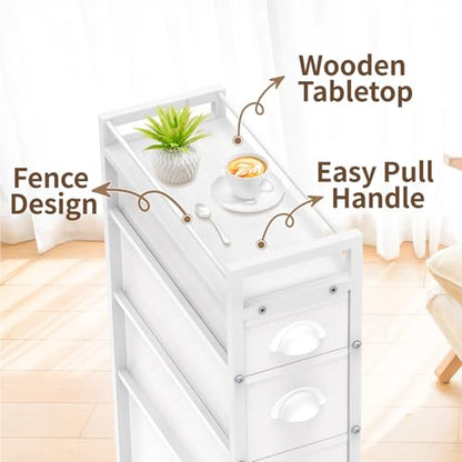 LASZOLA Narrow Cabinet Slim Storage Cart for Bathroom Small Space, White | 4 Tiers Skinny Rolling Organizer Shelf with Sturdy Fabric Drawers, Lightweight Mobile on Wheels, Between Washer and Dryer