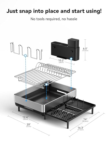 Large Dish Drying Rack, Expandable Dish Racks for Kitchen Counter, Space Saving 304 Stainless Steel Drying Rack Kitchen, Extra Large Drainer with Multifunctional Flip Up Pegs, Black