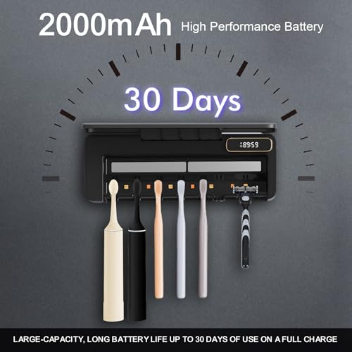 UV Toothbrush Sanitizer Holder with 360° Disinfection, Mold & Odor Removal | Auto-Cycle UVC, Timer Function & Fan Drying | Wall Mounted 5+1+1 Slot Toothbrush Holders for Bathrooms,Toothbrushes & Razor