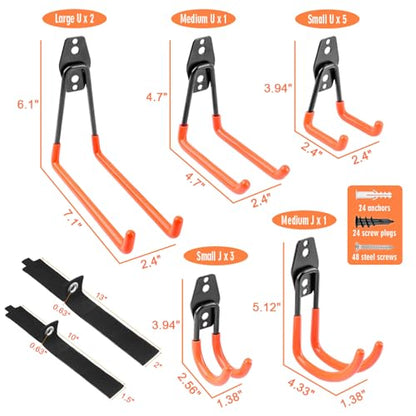Garage Hooks Heavy Duty 14 Pack, Steel Garage Storage Hooks, Tool Hangers for Garage Wall Utility Wall Mount Garage Hooks and Hangers with Anti-slip Coating for Garden Tools, Ladders, Bulky Items