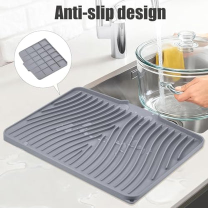 Silicone Dish Drying Mat for Kitchen Counter, Grey-1pcs, 20" x 15" | Heat Resistant & Non-Slip Dish Drain Pad with Built-In Drain, Dishwasher Safe, Quick-Dry, Hangable & Roll-Up for Storage