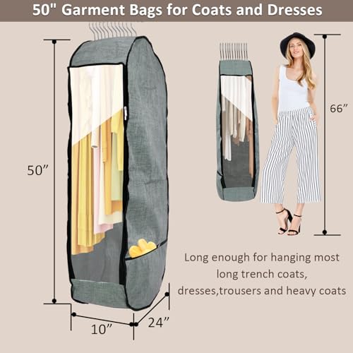2PCS 50”Garment Bags for Hanging Clothes,Chakera Large Breathable Garment Bag for Closet Storage with 10”Gusseted,Clear Clothing Storage Garment Cover for Dress Sweater with Double Zipper,Grey