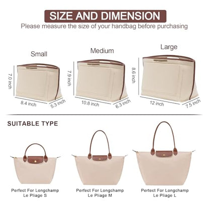 Felt Purse Organizer Insert for Longchamp Le Pliage L Bag Handbag Leather edge Longchamp Organizer Insert (Beige, Large)