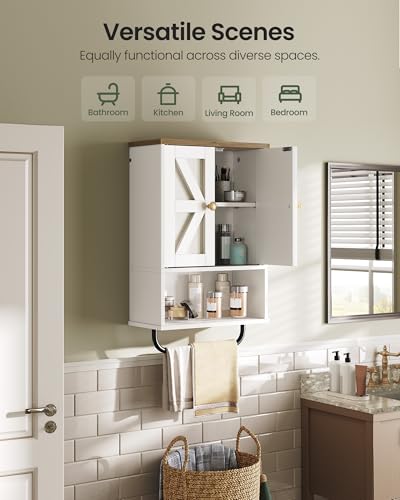 Bathroom Wall Cabinet, Medicine Cabinet with Open Partition and Towel Bar, Rustic Storage Cabinet with Open and Hidden Storage Space, for Bathroom, Living Room, Kitchen, White and Walnut