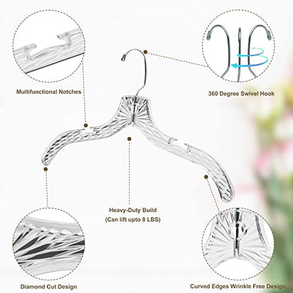 Quality Clear Plastic Hangers 24 Pack - Crystal Cut for Shirts, Suits, Coats, Dresses Hangers, Heavy Duty & Nonslip Design with Swivel Hook, 17 inches