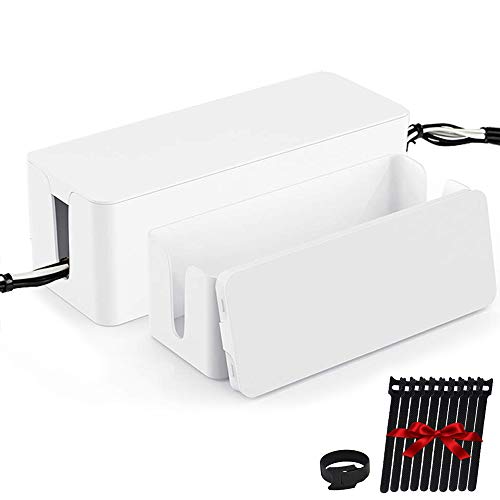 Cable Management Box Organizer, Pack of 2 Wire Concealer to Cover Hide Surge Protector & Power Strip on Desk Floor, with 5 Cord Fastening Tapes for Office, Home, Kitchen (Ice White)