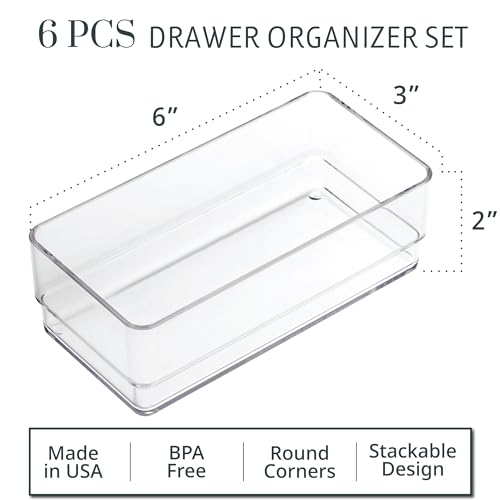 STORi SimpleSort 6-Piece Stackable Clear Drawer Organizer Set | 6" x 3" x 2" Rectangle Trays | Small Makeup Vanity Storage Bins and Office Desk Drawer Dividers | Made in USA