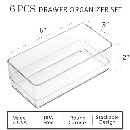 STORi SimpleSort 6-Piece Stackable Clear Drawer Organizer Set | 6" x 3" x 2" Rectangle Trays | Small Makeup Vanity Storage Bins and Office Desk Drawer Dividers | Made in USA