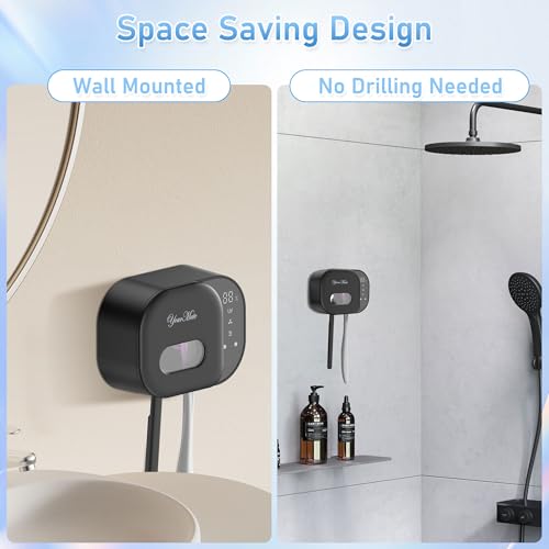 YourMate Toothbrush Holder Bathroom Rechargeable Wall Mounted Toothbrush Cleaner with Smart Sensor Lid & Fan, 5-Min Auto Cleaning, 2 Type Slots