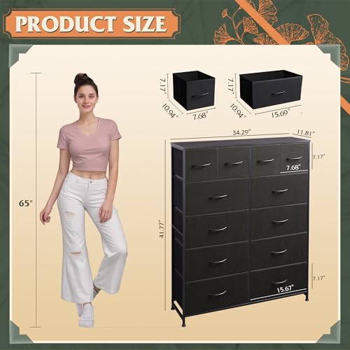 WLIVE 12 Drawer Tall Black Fabric Dresser Bedroom Storage Chestl | Black tall 12-drawer fabric dresser with wood top, modern storage tower for bedroom home office closet living room