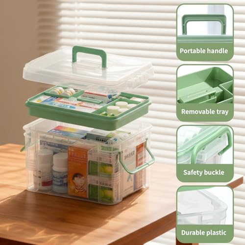 2-Pack Clear Medicine Storage Box Set with Pill Organizer | Portable Stackable with Built-in Handle, Clear View, Divided Tray, Plastic Medicine Cabinet Organizer for Home, Dorm, Travel