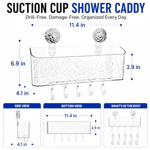 HOME&I Suction Cup Shower Caddy with Twist-to-Lock Mount, Drill-Free Bathroom Organizer for Toothbrush, Toothpaste & Razor, Self-Draining Storage Rack with 5 Hooks