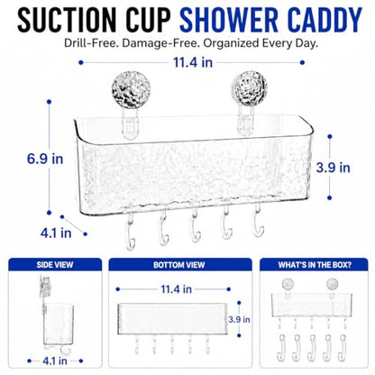 HOME&I Suction Cup Shower Caddy with Twist-to-Lock Mount, Drill-Free Bathroom Organizer for Toothbrush, Toothpaste & Razor, Self-Draining Storage Rack with 5 Hooks