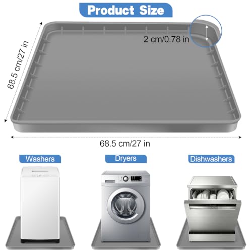 ToLanbbt 27" x 27" Washing Machine Drain Pan Mat, Soft Silicone Washer Drip Tray with 0.78" Raised Edge, Water-Proof Anti-Vibration Leak-Proof Floor Protector for Under Washer, Dryer, Fridge (Gray)