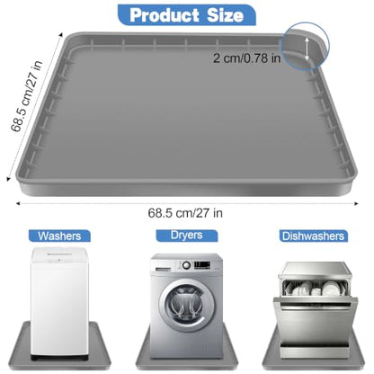 ToLanbbt 27" x 27" Washing Machine Drain Pan Mat, Soft Silicone Washer Drip Tray with 0.78" Raised Edge, Water-Proof Anti-Vibration Leak-Proof Floor Protector for Under Washer, Dryer, Fridge (Gray)
