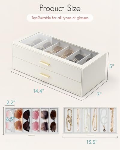 VLANDO 12-Slot Sunglasses Organizer Case with Clear Lid & 2 Drawers,Beige | PU Leather,Velvet Lining,Large Capacity Eyeglass Organizer for Vanity,Dresser,Closet,Bedroom,Gift for Eyewear Lovers