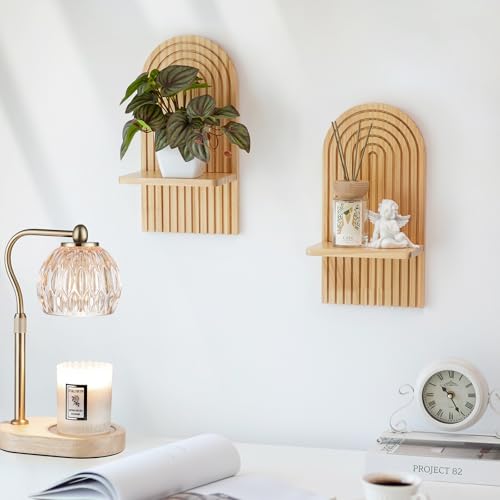 Boho Wall Decor Set of Two: Wood Wall Candle Holder | 3D Arch Design, Natural Minimalist Candle Sconces for Pillar or Plants, for Living Room, Bathroom, Nursery, Bedroom