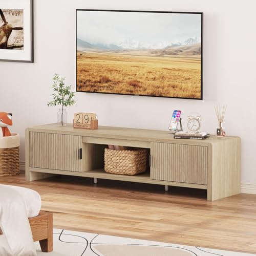 TV Stand for TVs up to 75/65/55 Inch, Wood Entertainment Center with Storage, Farmhouse Waveform Fluted-Door Television Media Console for Living Room, Bedroom (63 Inch W, Light Walnut)