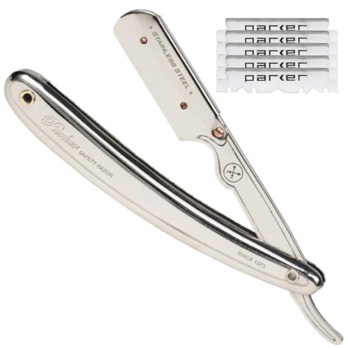 Parker SR1 Stainless Steel Shavette Straight Edge Professional Barber Razor for Men and 5 Parker Premium Platinum blades