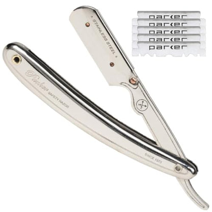 Parker SR1 Stainless Steel Shavette Straight Edge Professional Barber Razor for Men and 5 Parker Premium Platinum blades