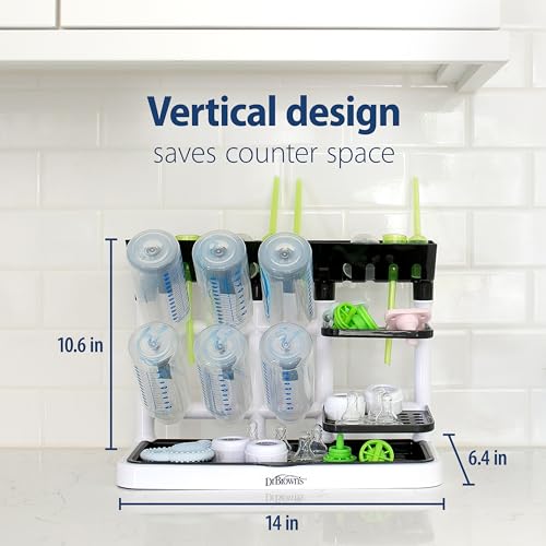 Dr. Brown's Drying Tower, Stand-Up Drying Rack, Countertop Baby Bottle Drying with Organized Storage for Baby Essentials, Space Saving Vertical Rack, Black/White