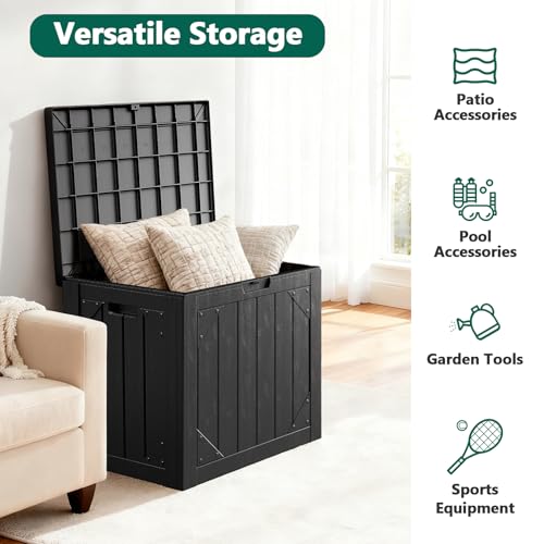 Outdoor Storage Box,30 Gallon Deck Box Outdoor Storage Bench Outside Waterproof Resin Storage Bench, Lockable Patio Cushions, Garden Tools Storage For Furniture, UV Resistant Black