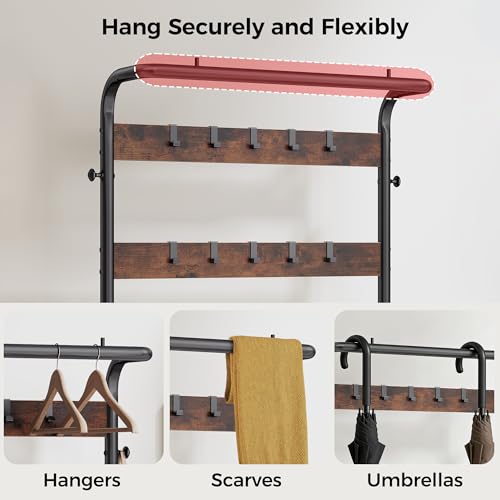 NEWBULIG Coat Rack, Hall Tree with Shoe Bench, 4-in-1 Entryway Organizer with 10 Hooks and Storage Shelf, Rustic Wood Entryway Bench for Mudroom, Living Room, Bedroom, Brown