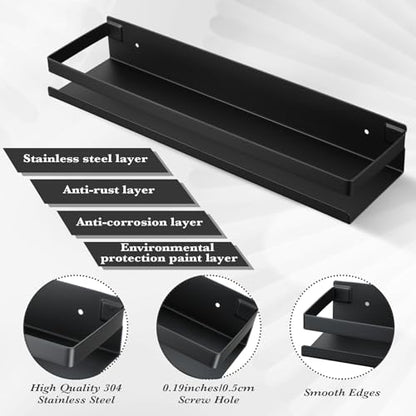 Lallisa 2 Pieces Stainless Steel Shelf Bathroom Shower Floating Shelves Wall Mounted Shower Caddy Basket Shelf Storage Organizer Shelves for Bathroom, Kitchen, Living Room(11.81 Inch/ 30 cm,Black)