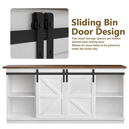 JUMMICO TV Stand for 65 Inch TV, Sliding Barn Doors, Bright White | Farmhouse Entertainment Center, Storage Cabinets, Adjustable Shelves, Media Console for Living Room, Bedroom