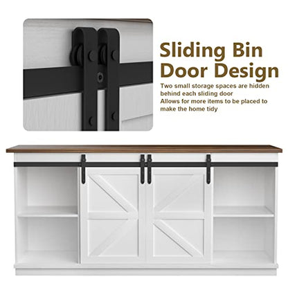 JUMMICO TV Stand for 65 Inch TV, Sliding Barn Doors, Bright White | Farmhouse Entertainment Center, Storage Cabinets, Adjustable Shelves, Media Console for Living Room, Bedroom
