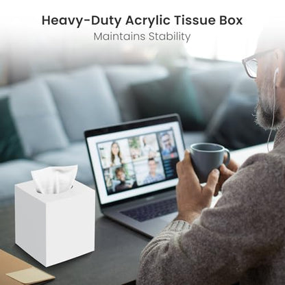 Tissue Box Cover, Square Modern Facial Acrylic Tissue Holder Napkin Dispenser Accessories for Bathroom Vanity Countertop,Bedroom Dresser,Night Stand,Desk,Office (White)