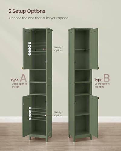 VASAGLE Tall Storage Cabinet with Lights, Slim Freestanding Cabinet with Adjustable Shelves, for Small Spaces, Bathroom, Living Room, Modern, 11.8 Inches Wide, Forest Green UBBC566C01