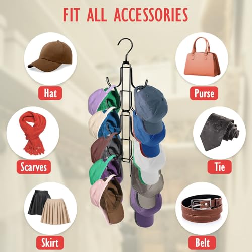 Hat Organizer for Closet: Collapsible Caps Rack with 10 Large Hooks | Hold Up to 40 Baseball Caps - Rotatable Metal Space Saving Hat Hanger for Display - Storage and Closet Organizers, Black
